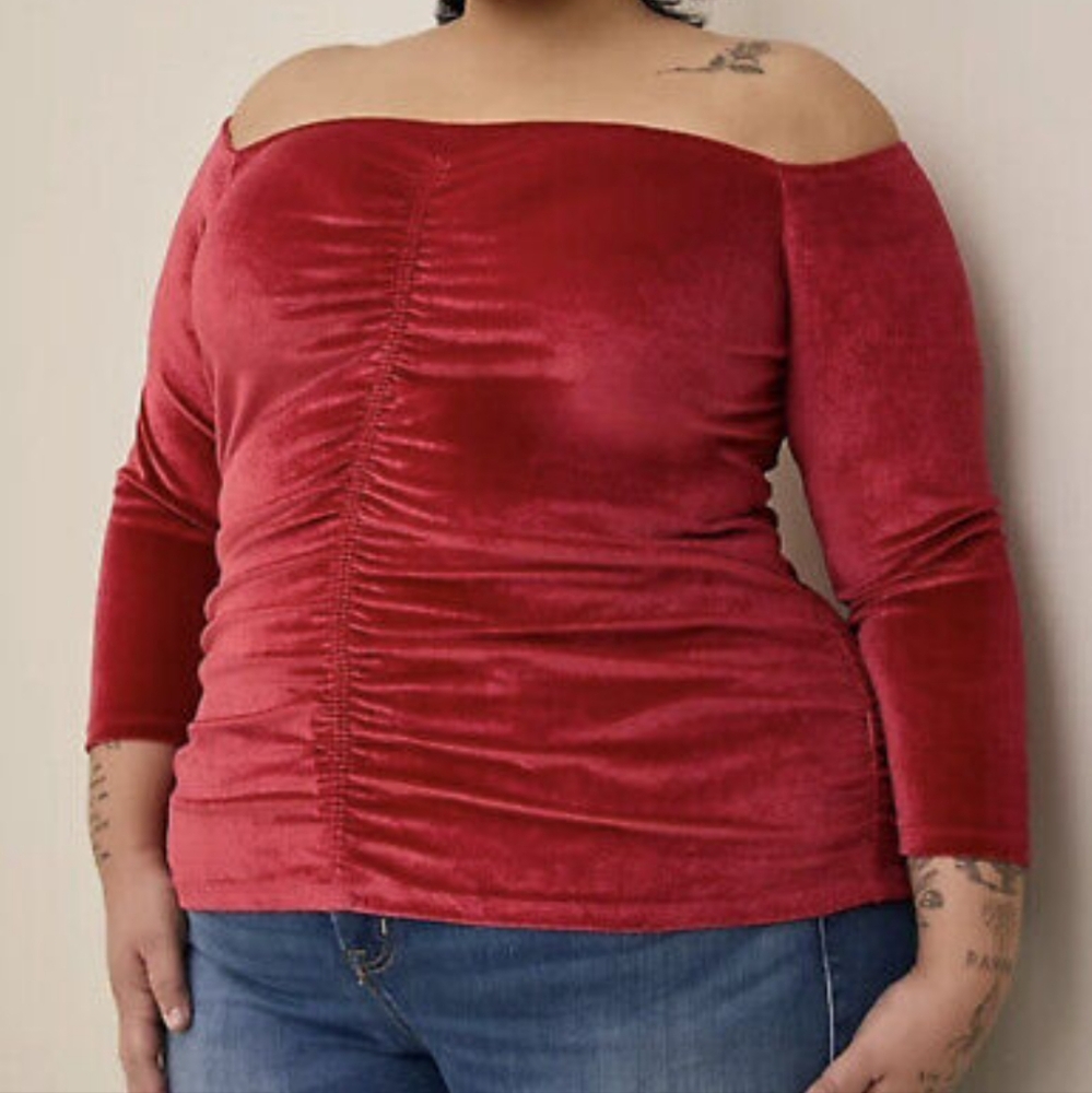 Torrid Holiday Blouse Red Velvet Long Sleeve Shirred Front Top Off Shoulder 5X